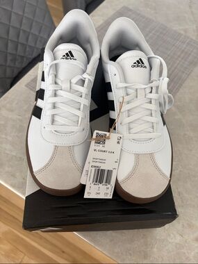adidas White Sneakers with Black Stripes and Tan Accents
